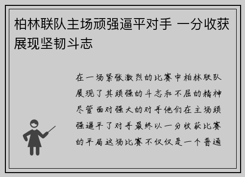 柏林联队主场顽强逼平对手 一分收获展现坚韧斗志